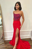 Load image into Gallery viewer, Sparkly Red Mermaid Strapless Corset Beaded Ruched Long Prom Dress with Slit