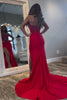 Load image into Gallery viewer, Sparkly Red Mermaid Strapless Corset Beaded Ruched Long Prom Dress with Slit