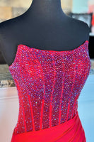 Load image into Gallery viewer, Sparkly Red Mermaid Strapless Corset Beaded Ruched Long Prom Dress with Slit