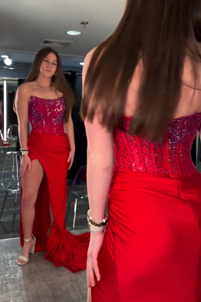 Load image into Gallery viewer, Sparkly Red Mermaid Strapless Corset Beaded Ruched Long Prom Dress with Slit