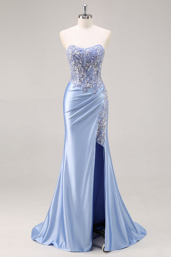 Saprkly Blue Satin Mermaid Corset Maxi Prom Dress with Slit