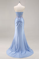 Load image into Gallery viewer, Saprkly Blue Satin Mermaid Corset Maxi Prom Dress with Slit