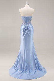 Saprkly Blue Satin Mermaid Corset Maxi Prom Dress with Slit