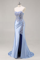 Load image into Gallery viewer, Saprkly Blue Satin Mermaid Corset Maxi Prom Dress with Slit
