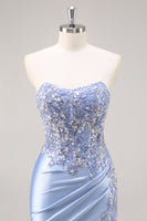 Load image into Gallery viewer, Saprkly Blue Satin Mermaid Corset Maxi Prom Dress with Slit