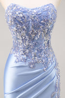 Load image into Gallery viewer, Saprkly Blue Satin Mermaid Corset Maxi Prom Dress with Slit