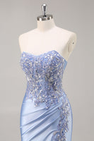 Load image into Gallery viewer, Saprkly Blue Satin Mermaid Corset Maxi Prom Dress with Slit