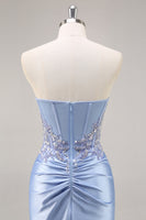 Load image into Gallery viewer, Saprkly Blue Satin Mermaid Corset Maxi Prom Dress with Slit