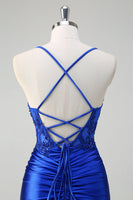 Load image into Gallery viewer, Royal Blue Mermaid Spaghetti Straps Pleated Appliqued Prom Dress