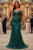 Load image into Gallery viewer, Sparkly Dark Green Mermaid Spaghetti Straps Corset Sequined Embroidery Tulle Long Prom Dress