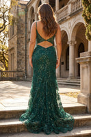 Load image into Gallery viewer, Sparkly Dark Green Mermaid Spaghetti Straps Corset Sequined Embroidery Tulle Long Prom Dress