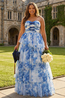 Load image into Gallery viewer, White Blue Flower A Line Strapless Tiered Prom Dress