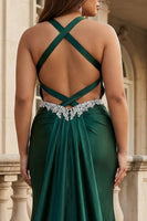Load image into Gallery viewer, Sparkly Plus Size Satin Dark Green Corset Long Beaded Prom Dress