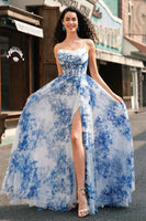 Load image into Gallery viewer, White Blue Flower Ruched Spaghetti Straps Maxi Corset Prom Dress With Slit