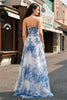 Load image into Gallery viewer, White Blue Flower Ruched Spaghetti Straps Maxi Corset Prom Dress With Slit