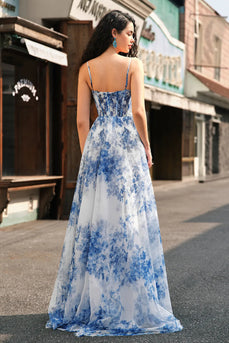White Blue Flower Ruched Spaghetti Straps Maxi Corset Prom Dress With Slit
