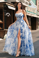 Load image into Gallery viewer, White Blue Flower Ruched Spaghetti Straps Maxi Corset Prom Dress With Slit