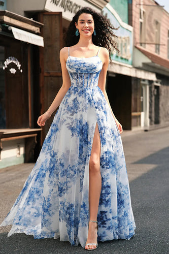 White Blue Flower Ruched Spaghetti Straps Maxi Corset Prom Dress With Slit