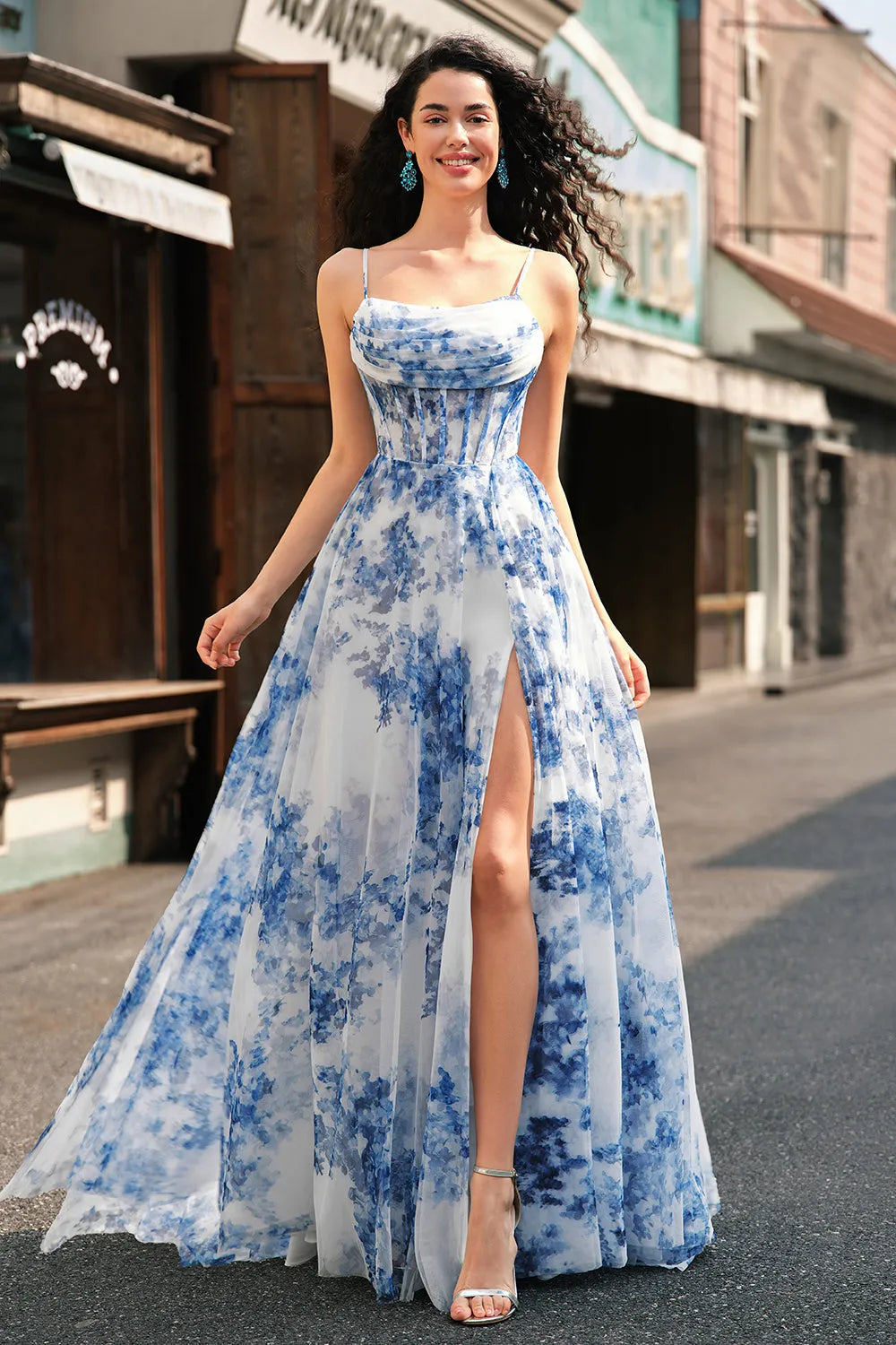 White Blue Flower Ruched Spaghetti Straps Maxi Corset Prom Dress With Slit