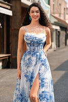 Load image into Gallery viewer, White Blue Flower Ruched Spaghetti Straps Maxi Corset Prom Dress With Slit