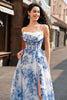 Load image into Gallery viewer, White Blue Flower Ruched Spaghetti Straps Maxi Corset Prom Dress With Slit