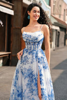 Load image into Gallery viewer, White Blue Flower Ruched Spaghetti Straps Maxi Corset Prom Dress With Slit