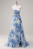 Load image into Gallery viewer, Women White Blue Flower Long Prom Dress A-Line Spaghetti Straps Corset Pageant Dress with Slit