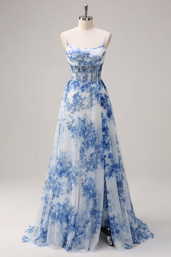 Women White Blue Flower Long Prom Dress A-Line Spaghetti Straps Corset Pageant Dress with Slit