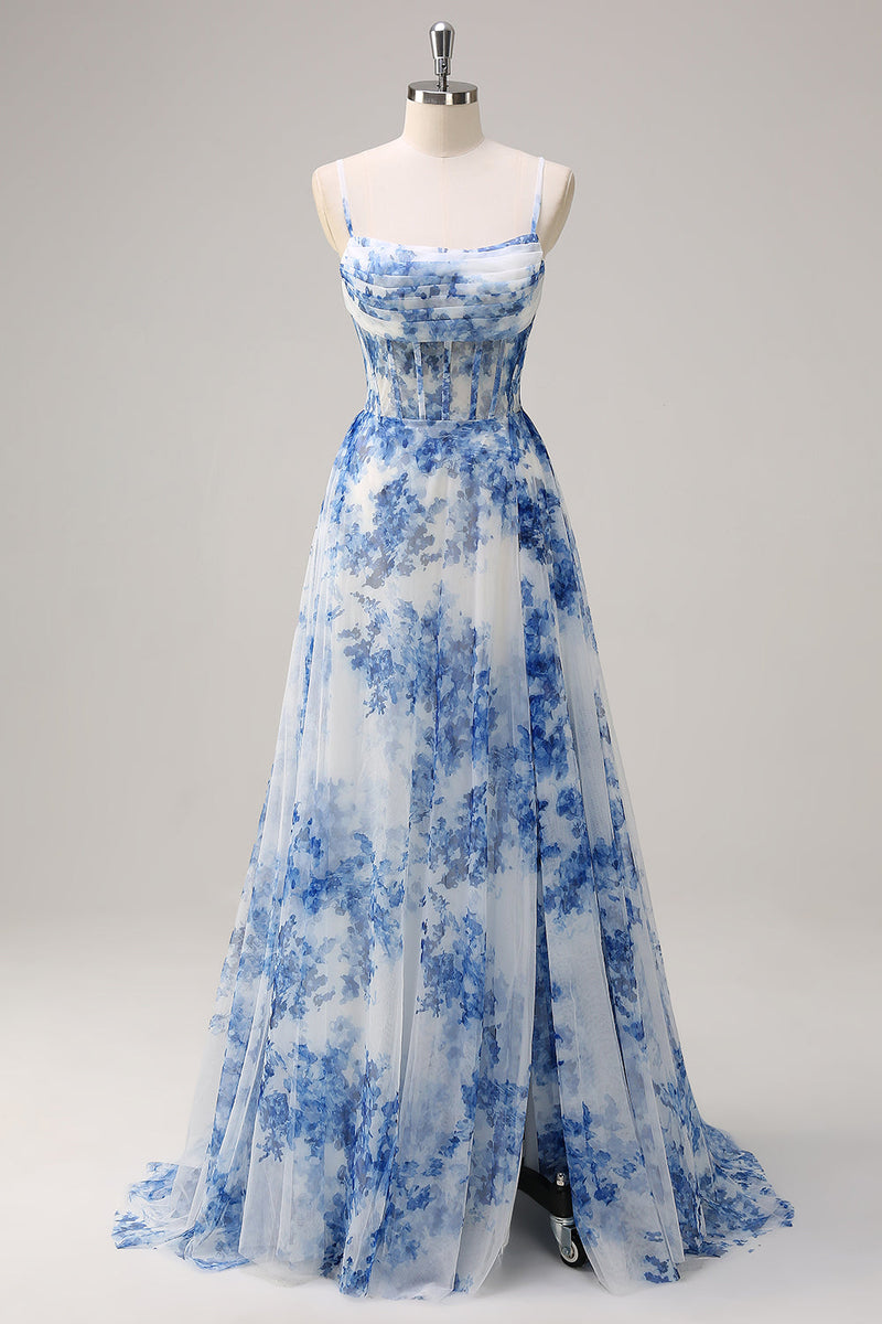 Load image into Gallery viewer, Women White Blue Flower Long Prom Dress A-Line Spaghetti Straps Corset Pageant Dress with Slit