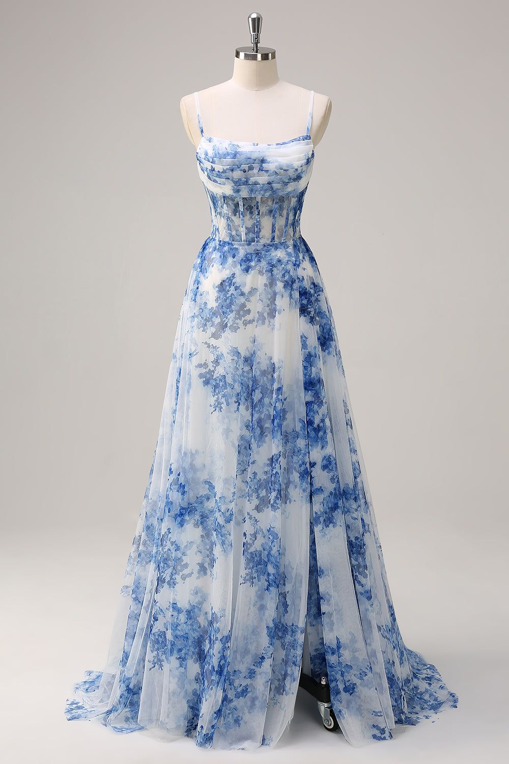 Women White Blue Flower Long Prom Dress A-Line Spaghetti Straps Corset Pageant Dress with Slit