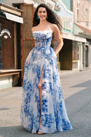 Load image into Gallery viewer, White Blue Flower Spaghetti Straps Ruched Corset Maxi Prom Dress With Slit