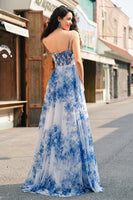 Load image into Gallery viewer, White Blue Flower Spaghetti Straps Ruched Corset Maxi Prom Dress With Slit