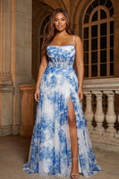 Load image into Gallery viewer, Plus Size White Blue Flower Corset Spaghetti Straps Ruched Maxi Prom Dress With Slit
