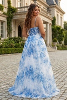 Load image into Gallery viewer, White Blue Flower Spaghetti Straps Ruched Corset Maxi Prom Dress With Slit