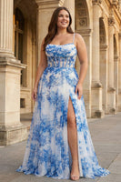 Load image into Gallery viewer, White Blue Flower Spaghetti Straps Ruched Corset Maxi Prom Dress With Slit