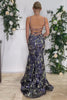 Load image into Gallery viewer, Sparkly Navy V-Neck Embroidered Long Prom Dress with Lace Up