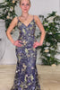 Load image into Gallery viewer, Sparkly Navy V-Neck Embroidered Long Prom Dress with Lace Up