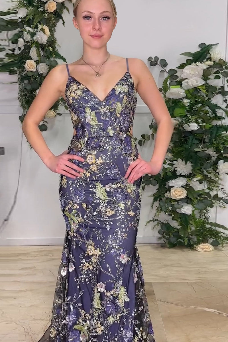 Load image into Gallery viewer, Sparkly Navy V-Neck Embroidered Long Prom Dress with Lace Up