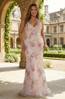 Load image into Gallery viewer, Sparkly Plus Size Pink V-Neck Floral Embroidered Mermaid Long Prom Dress