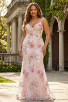 Load image into Gallery viewer, Sparkly Plus Size Pink V-Neck Floral Embroidered Mermaid Long Prom Dress