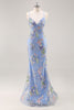 Load image into Gallery viewer, Sparkly Blue Floral Beaded Mermaid Long Prom Dress with Sequins