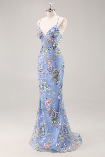 Sparkly Blue Floral Beaded Mermaid Long Prom Dress with Sequins