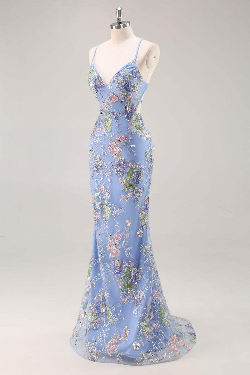 Load image into Gallery viewer, Sparkly Blue Floral Beaded Mermaid Long Prom Dress with Sequins