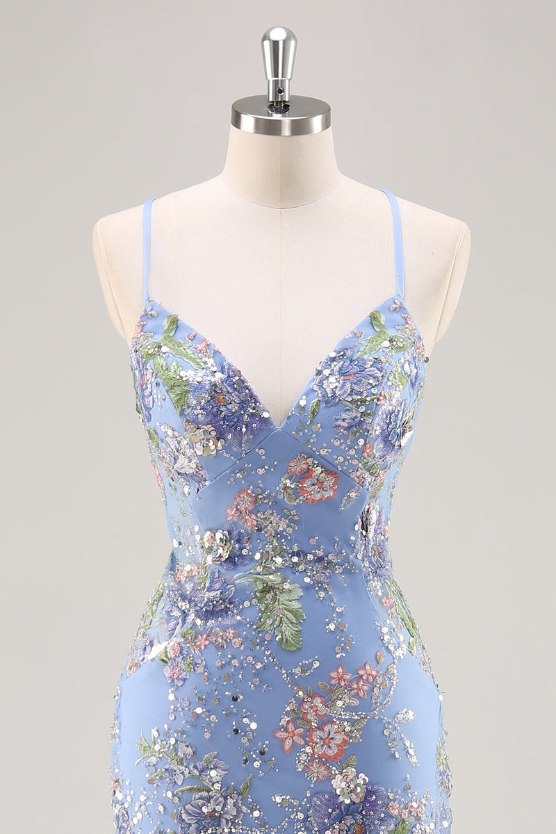Load image into Gallery viewer, Sparkly Blue Floral Beaded Mermaid Long Prom Dress with Sequins