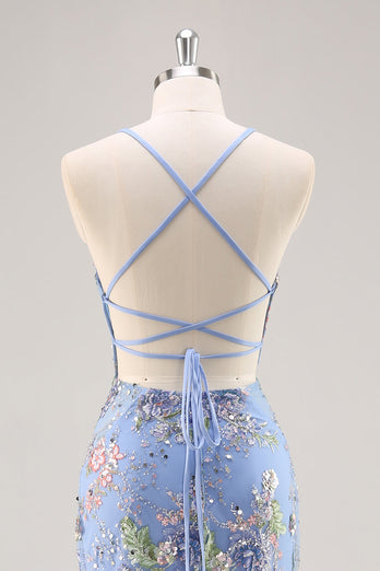 Sparkly Blue Floral Beaded Mermaid Long Prom Dress with Sequins