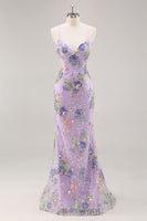 Load image into Gallery viewer, Sparkly Lilac Beaded Floral Mermaid Long Prom Dress with Sequins