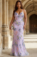 Load image into Gallery viewer, Sparkly Plus Size Pink V-Neck Floral Embroidered Mermaid Long Prom Dress
