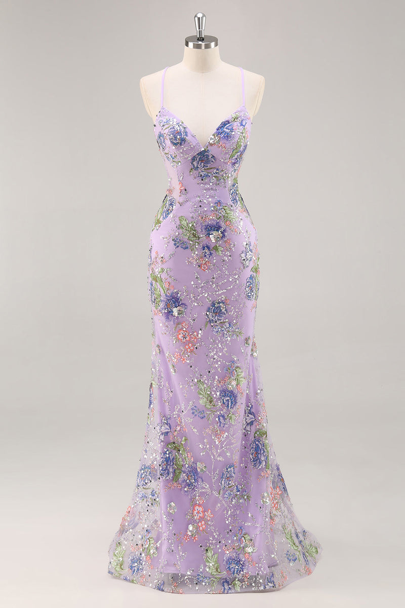 Load image into Gallery viewer, Sparkly Blue Floral Beaded Mermaid Long Prom Dress with Sequins