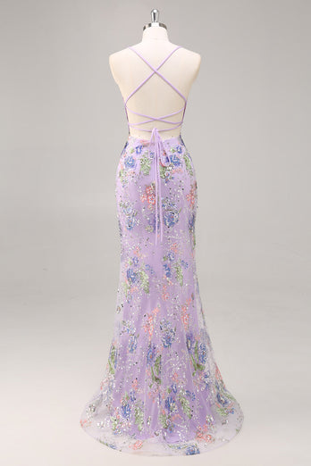 Sparkly Blue Floral Beaded Mermaid Long Prom Dress with Sequins