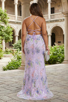 Load image into Gallery viewer, Sparkly Plus Size Pink V-Neck Floral Embroidered Mermaid Long Prom Dress